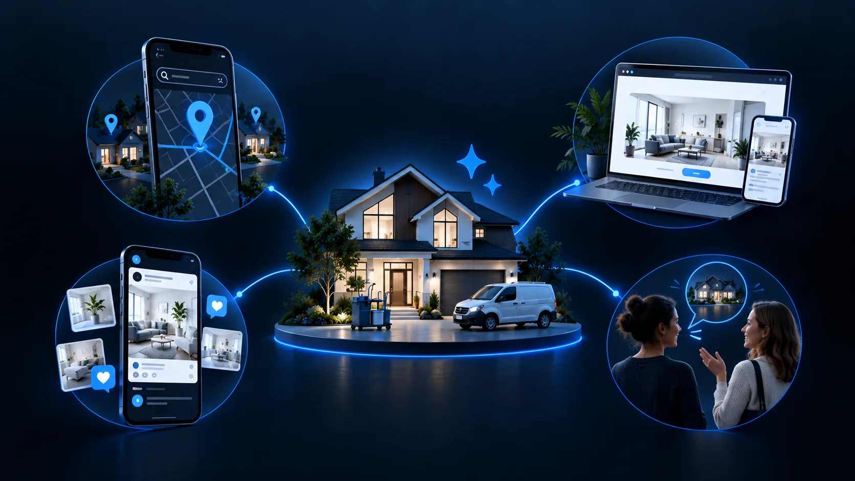 Illustration of local search, website, community presence and referrals helping customers discover a cleaning business