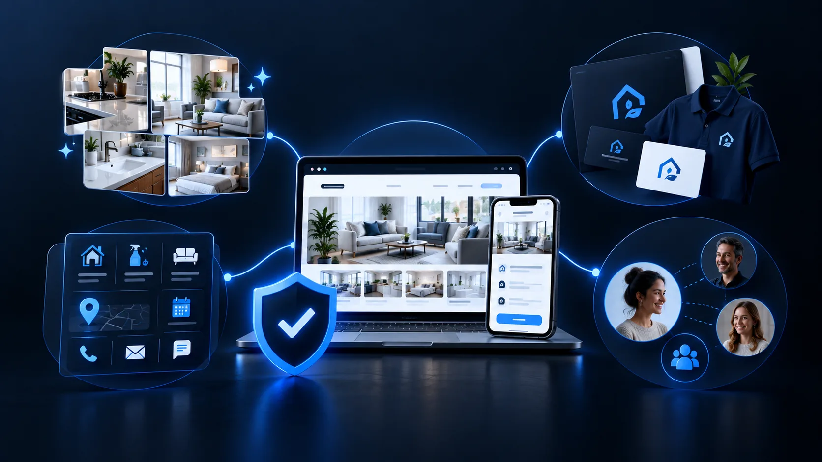 Illustration of business photos, branding, clear information and reputation building customer trust