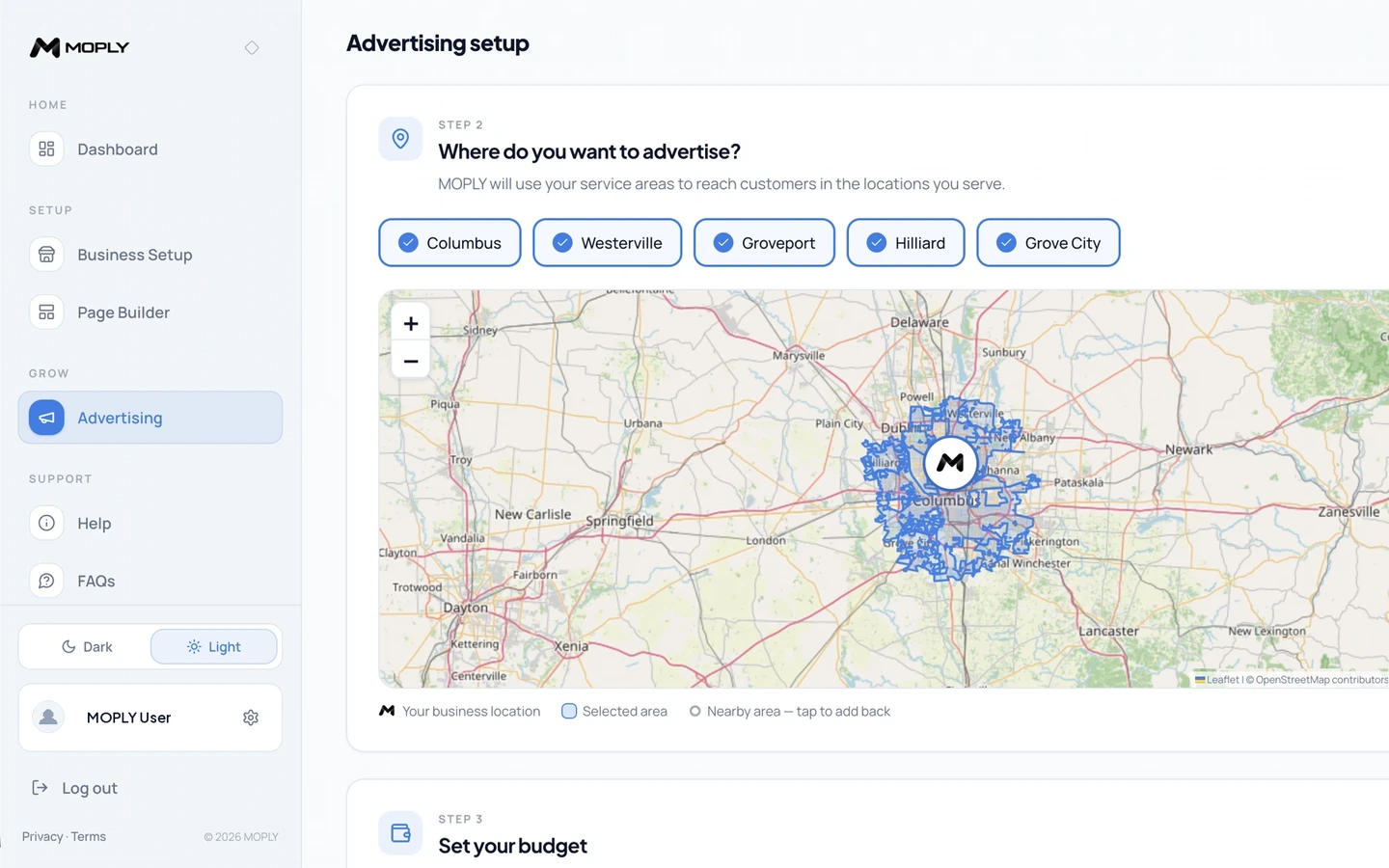 MOPLY advertising setup showing the selected service areas on a map and the budget step