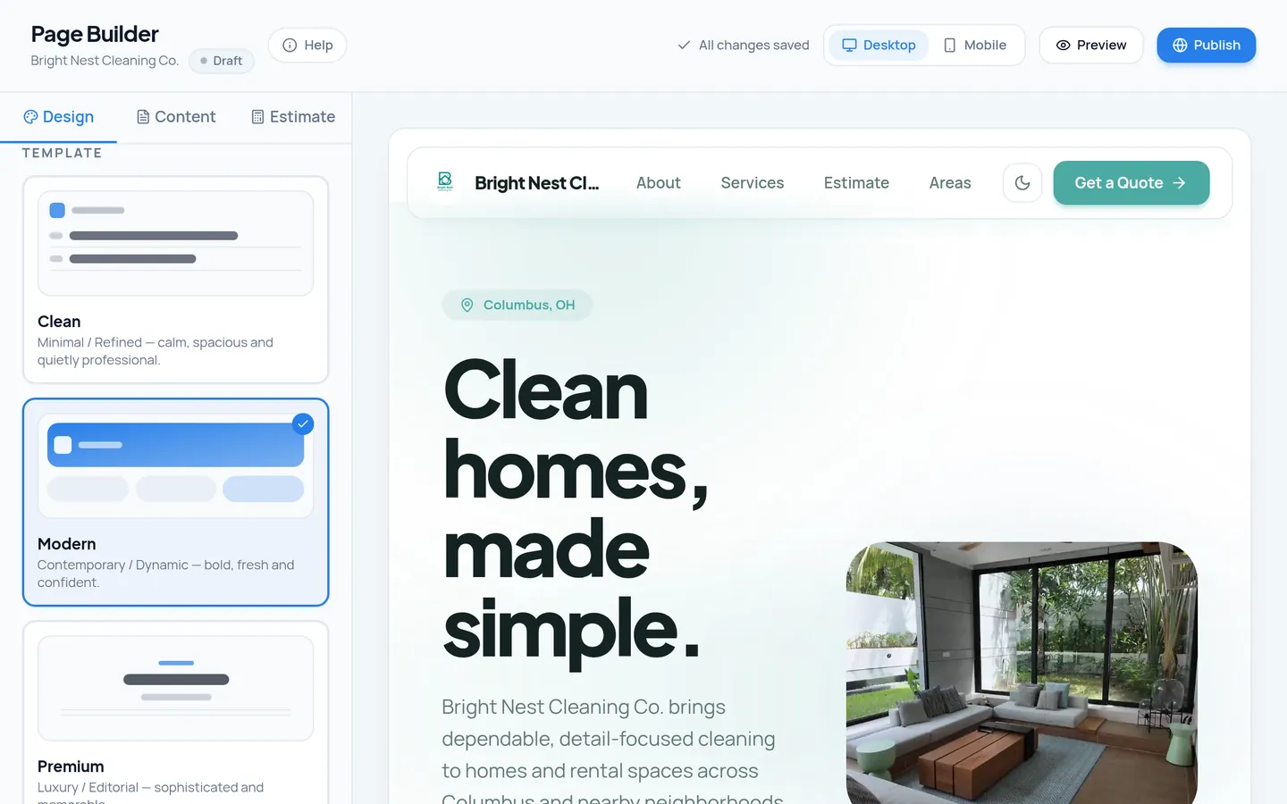 MOPLY Page Builder design panel with template, logo and brand color controls