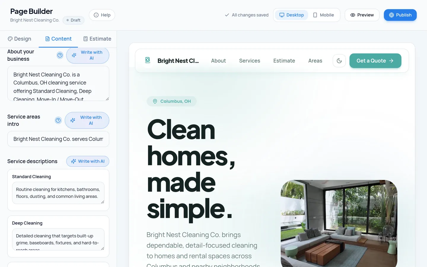 MOPLY Page Builder content panel with AI Text Assist