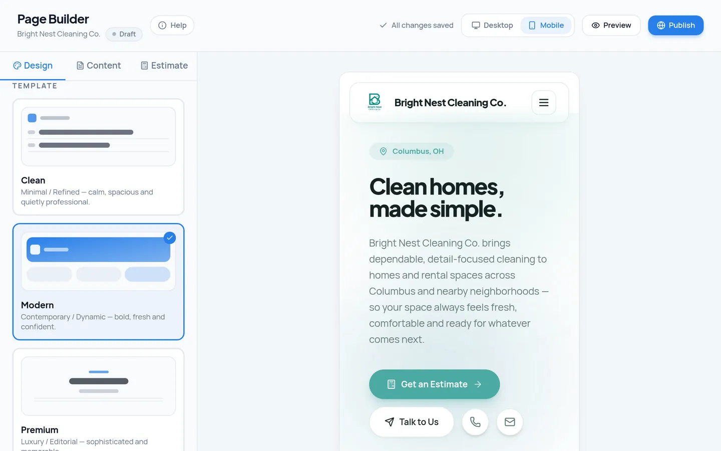 MOPLY Page Builder showing the mobile preview of a cleaning business website