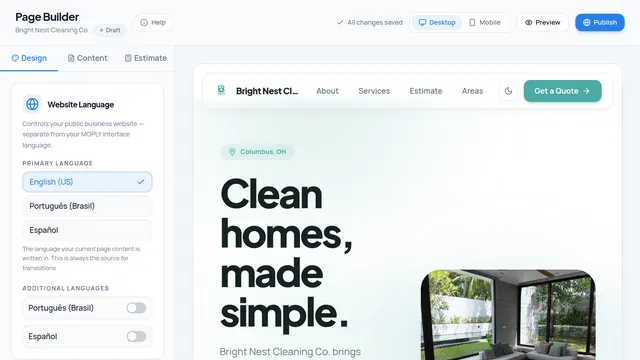 MOPLY Page Builder editing a cleaning business website