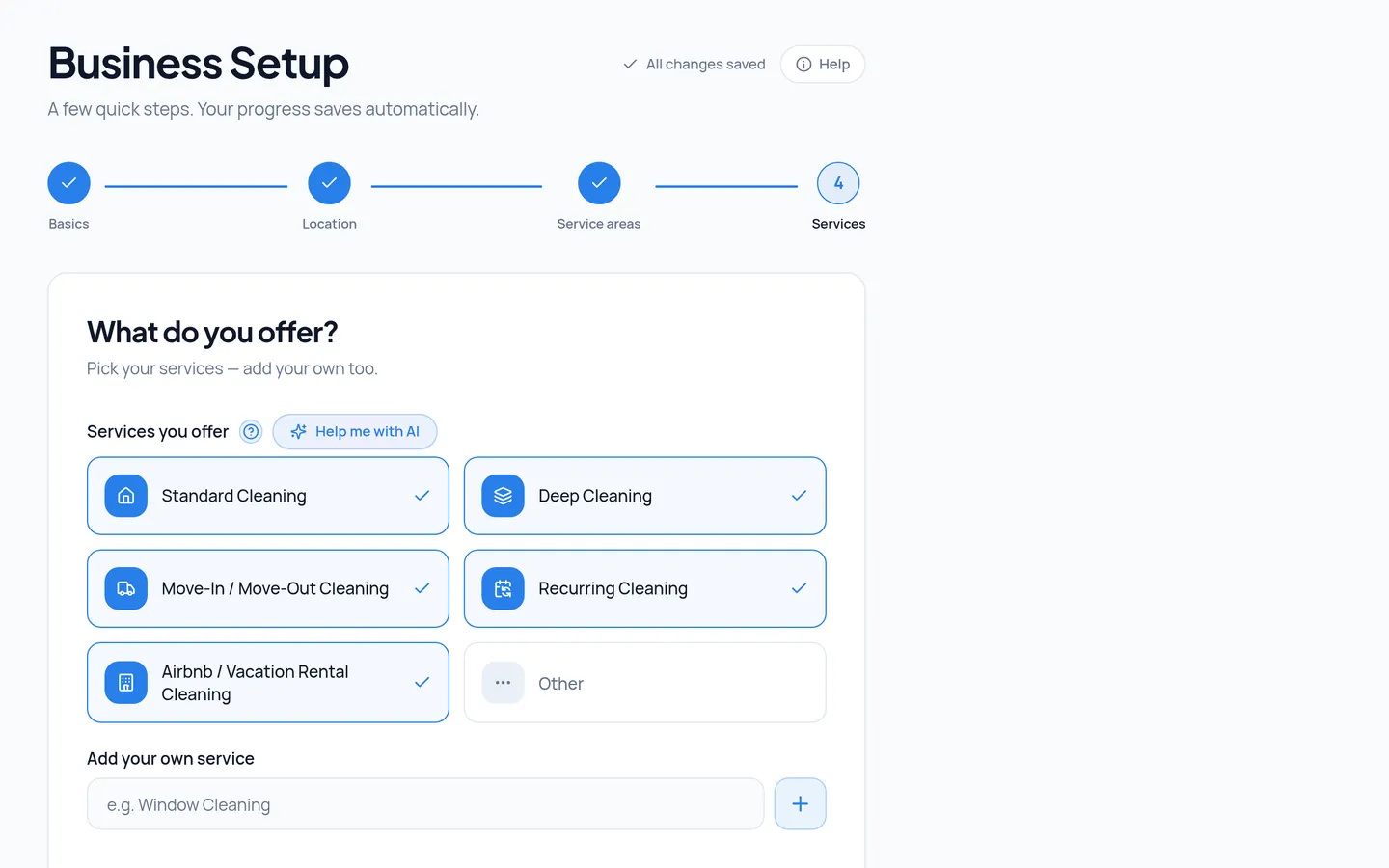 MOPLY Business Setup step showing selected cleaning services for Bright Nest Cleaning Co.