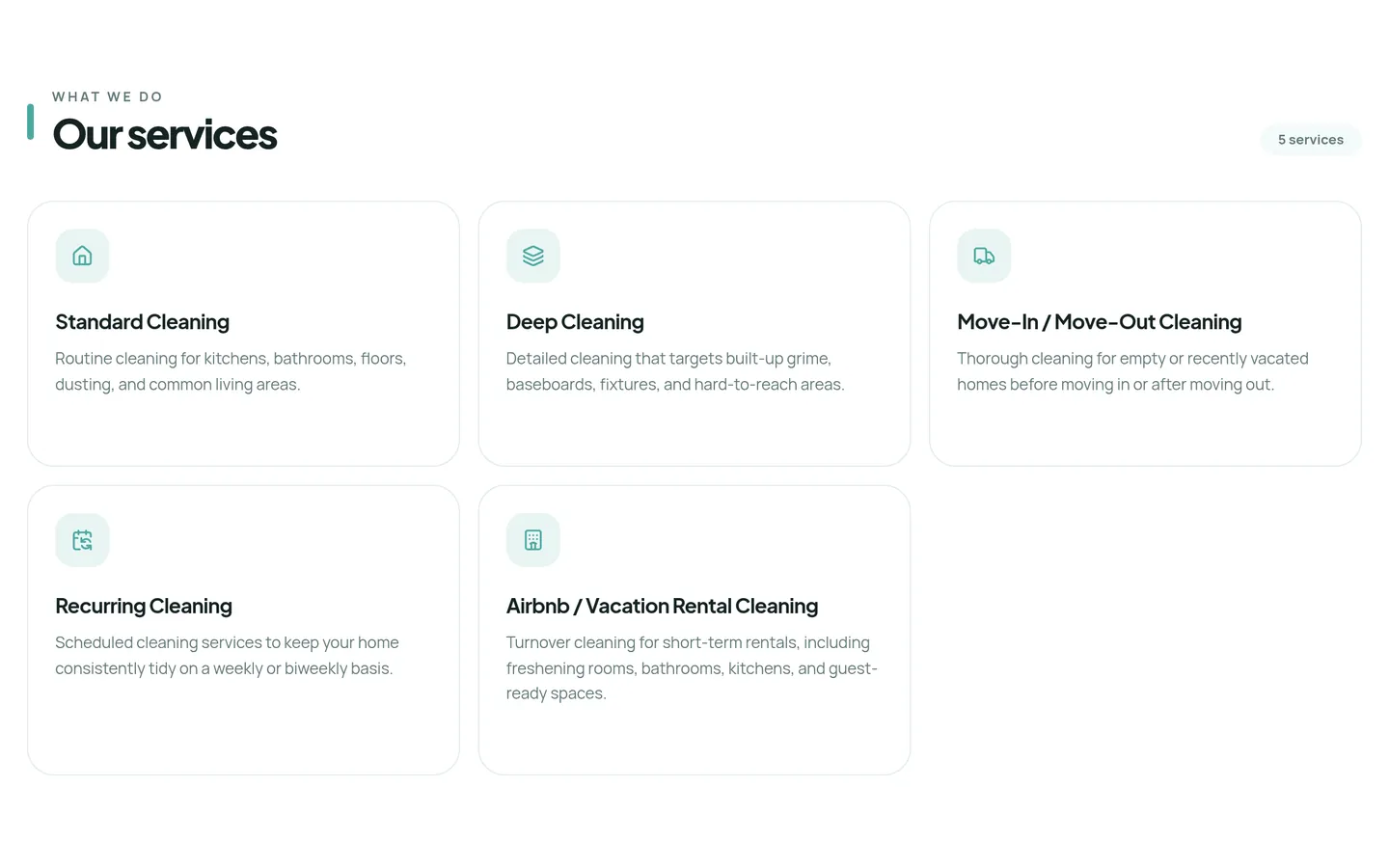 Services and service areas sections of a cleaning business website built with MOPLY
